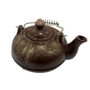 Vtg Red Clay Tea Pot Metal Handle Brown Pink Gold Blue Iridescent Glaze Japan